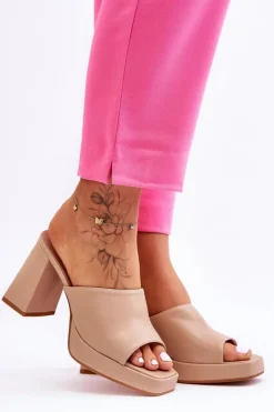 Boto Klapki Na Obcasie|Klapki Damskie Klasyczne*Skórzane Klapki Na Obcasie Beżowe Livesa Beżowy