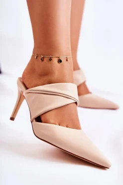 Hot Boto Skórzane Klapki Na Szpilce Beżowe Aveline