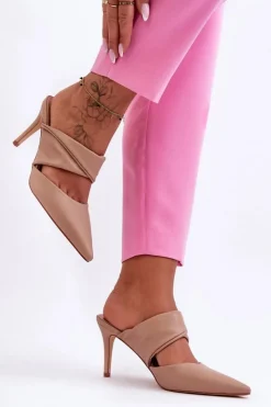 Hot Boto Skórzane Klapki Na Szpilce Ciemnobeżowe Aveline