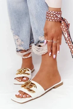 Boto Klapki Damskie Klasyczne*Skórzane Klapki Z Łańcuchem Białe French Kiss