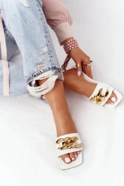 Boto Klapki Damskie Klasyczne*Skórzane Klapki Z Łańcuchem Białe French Kiss