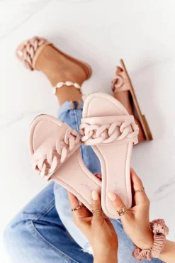 Damskie Boto Skórzane Klapki Z Łańcuchem Beżowe Step By Step