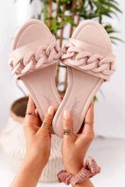 Damskie Boto Skórzane Klapki Z Łańcuchem Beżowe Step By Step