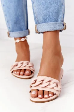 Damskie Boto Skórzane Klapki Z Łańcuchem Beżowe Step By Step