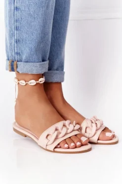 Damskie Boto Skórzane Klapki Z Łańcuchem Beżowe Step By Step