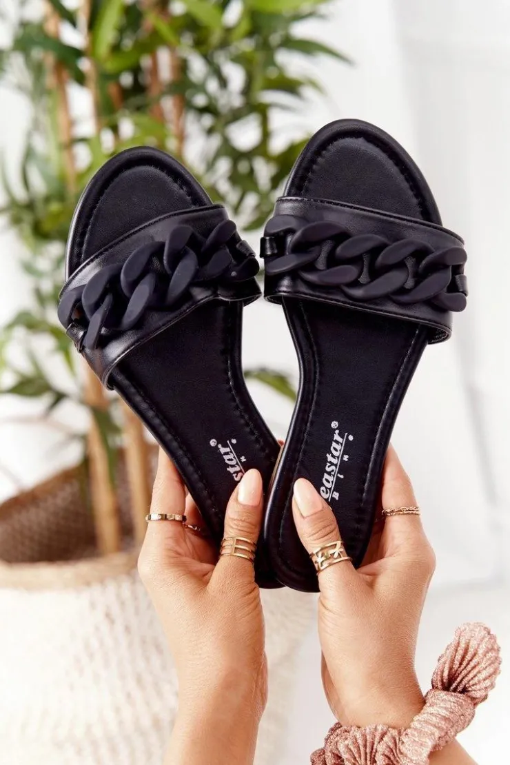 Clearance Boto Skórzane Klapki Z Łańcuchem Czarne Step By Step