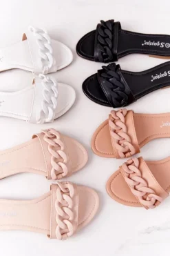 Clearance Boto Skórzane Klapki Z Łańcuchem Czarne Step By Step