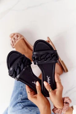 Clearance Boto Skórzane Klapki Z Łańcuchem Czarne Step By Step