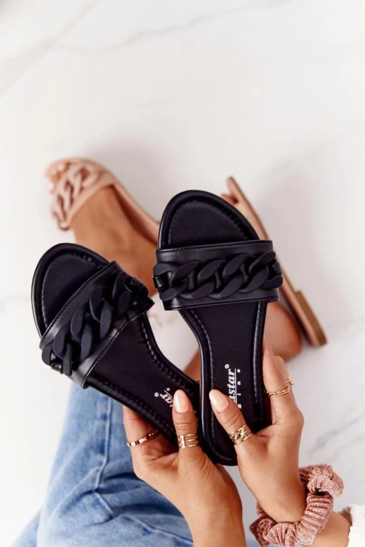 Clearance Boto Skórzane Klapki Z Łańcuchem Czarne Step By Step