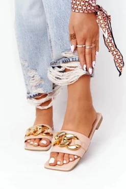 Outlet Boto Skórzane Klapki Z Łańcuchem Nude French Kiss