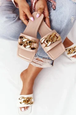 Outlet Boto Skórzane Klapki Z Łańcuchem Nude French Kiss