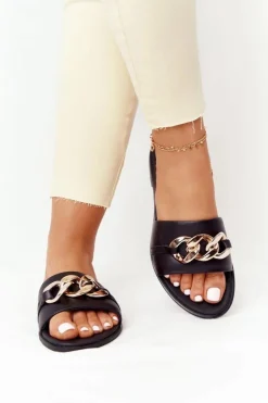 New Boto Skórzane Klapki Z Łańcuszkiem Nicole 2652 Czarne