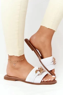 Boto Klapki Damskie Klasyczne*Skórzane Klapki Z Łańcuszkiem Nicole 2652 Białe