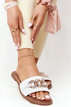 Boto Klapki Damskie Klasyczne*Skórzane Klapki Z Łańcuszkiem Nicole 2652 Białe