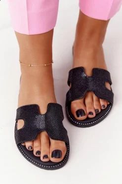 Evento Klapki Damskie Klasyczne*Skórzane Klapki Z Cyrkoniami Czarne Modena