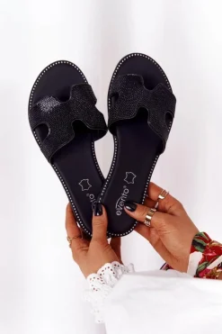 Evento Klapki Damskie Klasyczne*Skórzane Klapki Z Cyrkoniami Czarne Modena