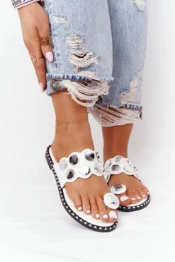 Damskie Boto Skórzane Klapki Z Dżetami Białe Ava