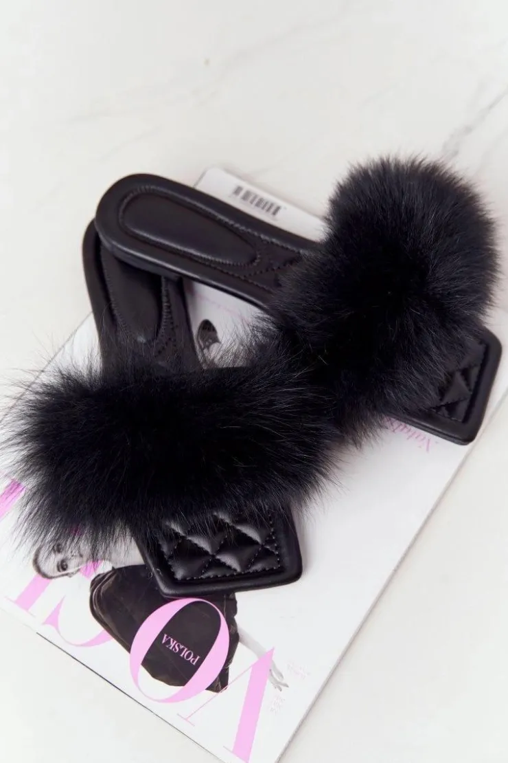 Boto Klapki Z Futerkiem|Klapki Damskie Klasyczne*Skórzane Klapki Z Futerkiem Czarne Love You So