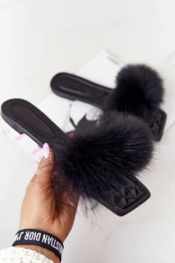 Boto Klapki Z Futerkiem|Klapki Damskie Klasyczne*Skórzane Klapki Z Futerkiem Czarne Love You So