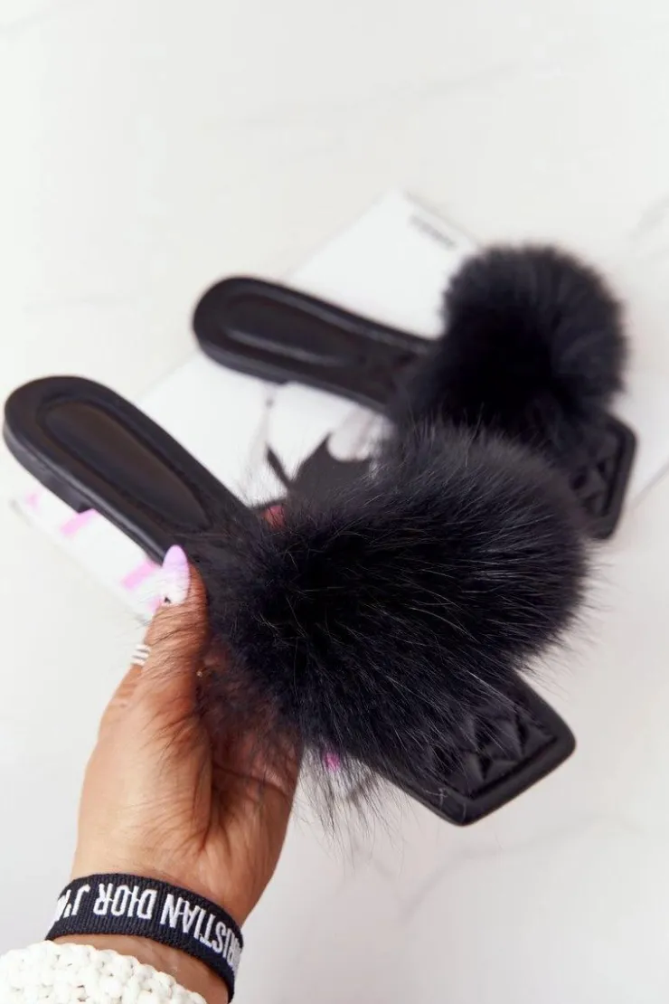 Boto Klapki Z Futerkiem|Klapki Damskie Klasyczne*Skórzane Klapki Z Futerkiem Czarne Love You So