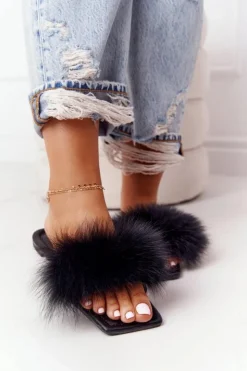 Boto Klapki Z Futerkiem|Klapki Damskie Klasyczne*Skórzane Klapki Z Futerkiem Czarne Love You So