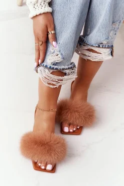 New Boto Skórzane Klapki Z Futerkiem Camel Love You So