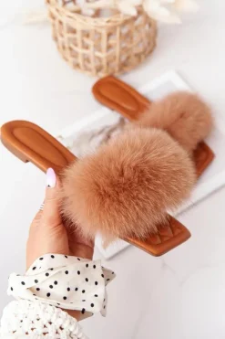 New Boto Skórzane Klapki Z Futerkiem Camel Love You So