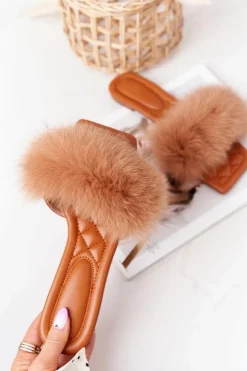 New Boto Skórzane Klapki Z Futerkiem Camel Love You So