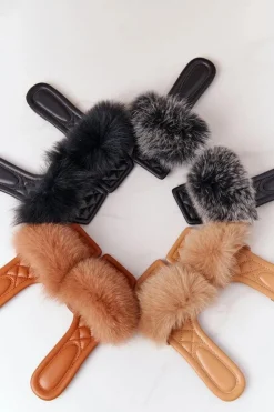 New Boto Skórzane Klapki Z Futerkiem Camel Love You So