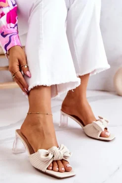 Boto Klapki Na Obcasie|Klapki Damskie Klasyczne*Skórzane Klapki Z Kokardą Beżowe Rosalee