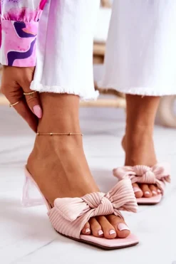 Damskie Boto Skórzane Klapki Z Kokardą Różowe Rosalee