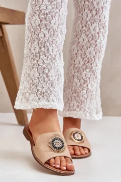 Boto Klapki Damskie Klasyczne*Skórzane Klapki Z Ozdobą Na Płaskim Obcasie Lewski 3047/O Beżowe Brązowy