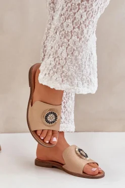 Boto Klapki Damskie Klasyczne*Skórzane Klapki Z Ozdobą Na Płaskim Obcasie Lewski 3047/O Beżowe Brązowy