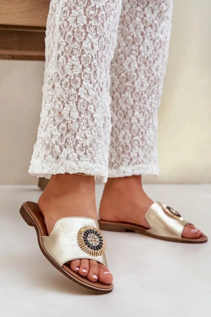 Damskie Boto Skórzane Klapki Z Ozdobą Na Płaskim Obcasie Zazoo 3047/O Złote