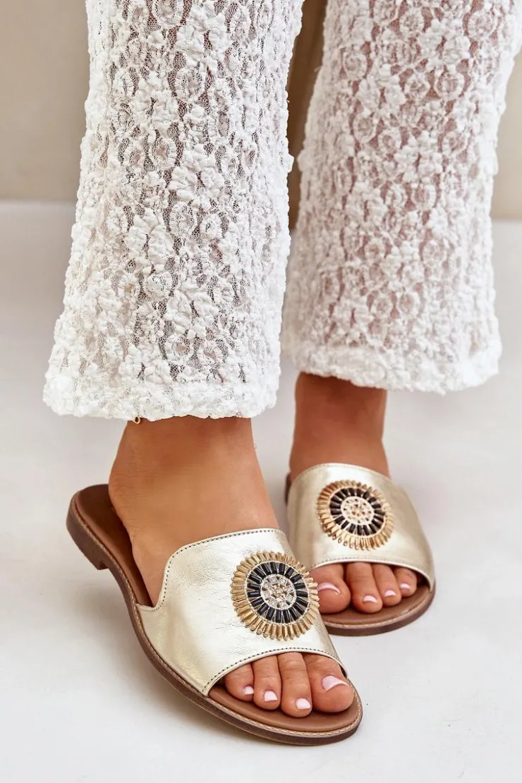 Damskie Boto Skórzane Klapki Z Ozdobą Na Płaskim Obcasie Zazoo 3047/O Złote