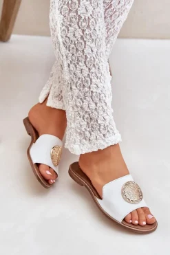 Boto Klapki Damskie Klasyczne*Skórzane Klapki Z Ozdobą Na Płaskim Obcasie Zazoo 3047/O Białe Biały