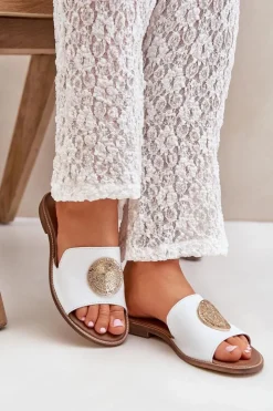 Boto Klapki Damskie Klasyczne*Skórzane Klapki Z Ozdobą Na Płaskim Obcasie Zazoo 3047/O Białe Biały