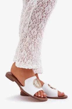 Boto Klapki Damskie Klasyczne*Skórzane Klapki Z Ozdobą Na Płaskim Obcasie Zazoo 3047/O Białe Biały