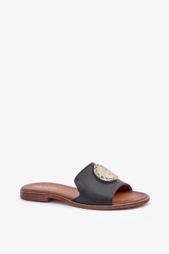 Damskie Boto Skórzane Klapki Z Ozdobą Na Płaskim Obcasie Zazoo 3047/O Czarne