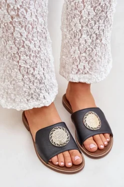 Damskie Boto Skórzane Klapki Z Ozdobą Na Płaskim Obcasie Zazoo 3047/O Czarne