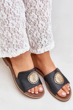 Damskie Boto Skórzane Klapki Z Ozdobą Na Płaskim Obcasie Zazoo 3047/O Czarne