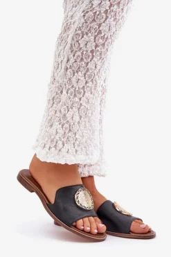 Damskie Boto Skórzane Klapki Z Ozdobą Na Płaskim Obcasie Zazoo 3047/O Czarne