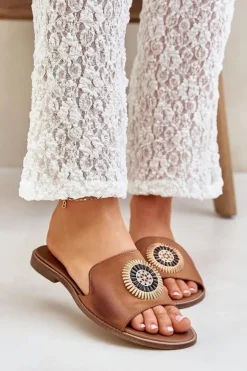 Clearance Boto Skórzane Klapki Z Ozdobą Na Płaskim Obcasie Lewski 3047/O Camel Brązowy