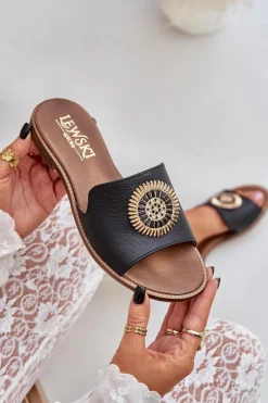 Online Boto Skórzane Klapki Z Ozdobą Na Płaskim Obcasie Zazoo 3047/O Czarne Czarny