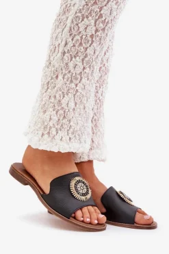 Online Boto Skórzane Klapki Z Ozdobą Na Płaskim Obcasie Zazoo 3047/O Czarne Czarny