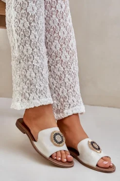 Damskie Boto Skórzane Klapki Z Ozdobą Na Płaskim Obcasie Lewski 3047/O Przecierany