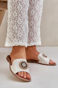 Damskie Boto Skórzane Klapki Z Ozdobą Na Płaskim Obcasie Lewski 3047/O Przecierany