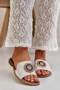 Damskie Boto Skórzane Klapki Z Ozdobą Na Płaskim Obcasie Lewski 3047/O Przecierany