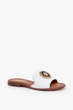 Boto Klapki Damskie Klasyczne*Skórzane Klapki Z Ozdobą Na Płaskim Obcasie Lewski 3047/O Białe Biały