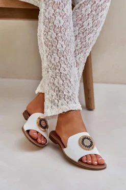 Boto Klapki Damskie Klasyczne*Skórzane Klapki Z Ozdobą Na Płaskim Obcasie Lewski 3047/O Białe Biały